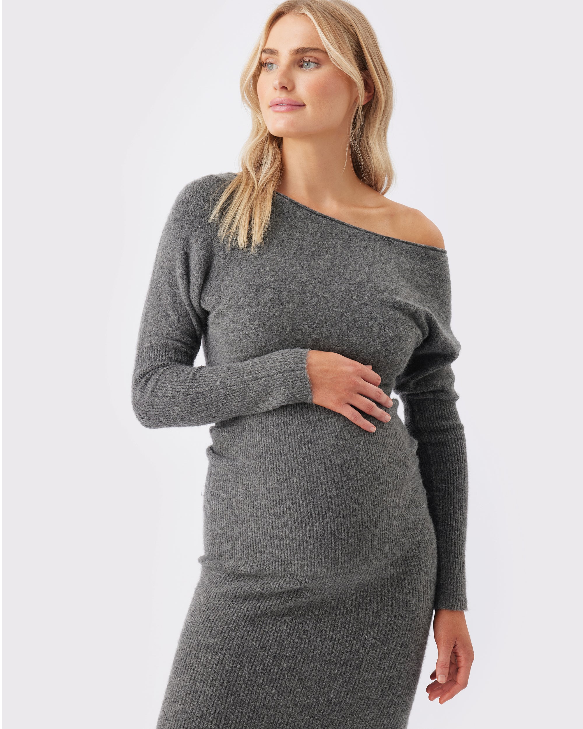 Tobie Off Shoulder Knit Dress Charcoal Marle