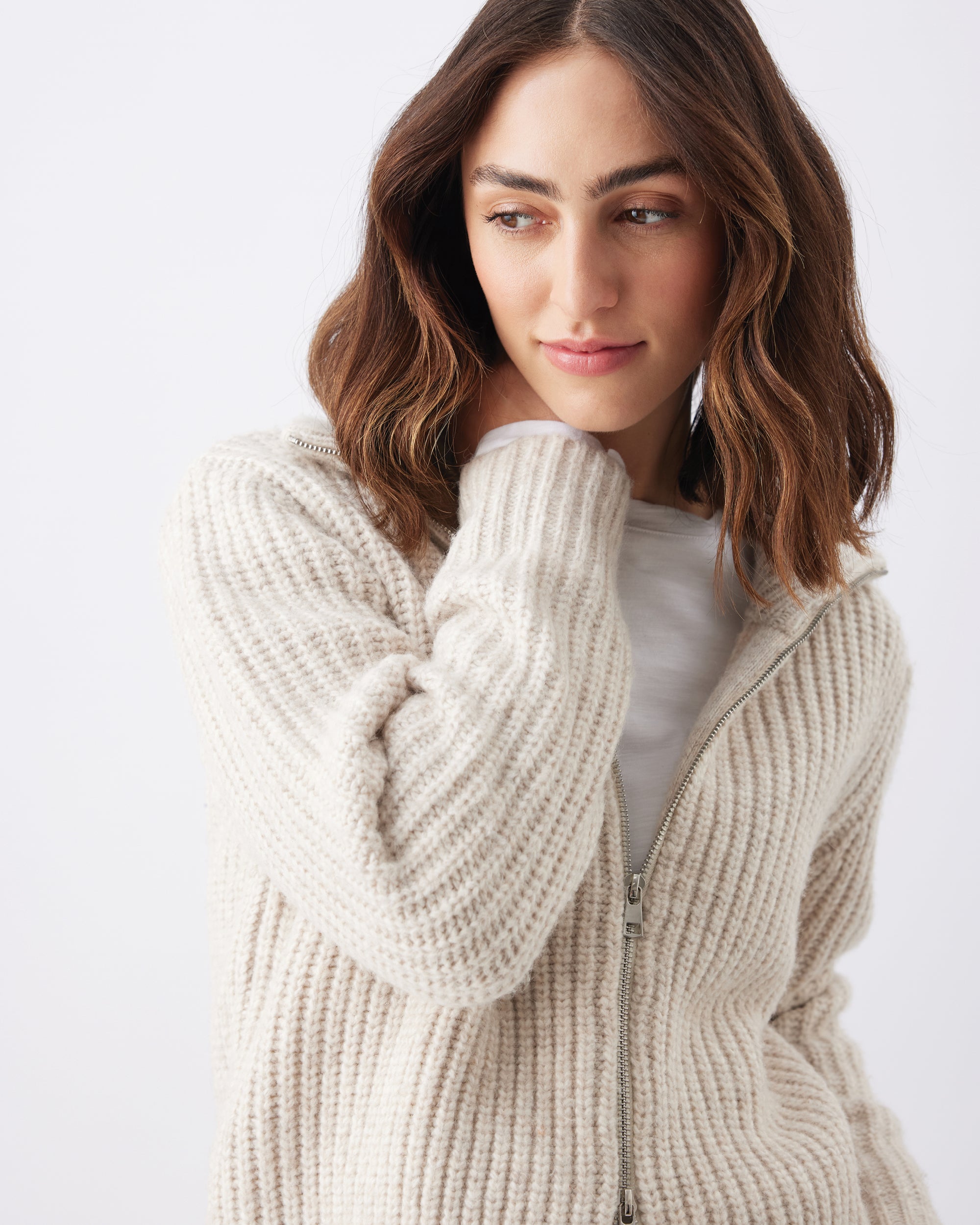 Layla Zip Through Knit Oat Marle