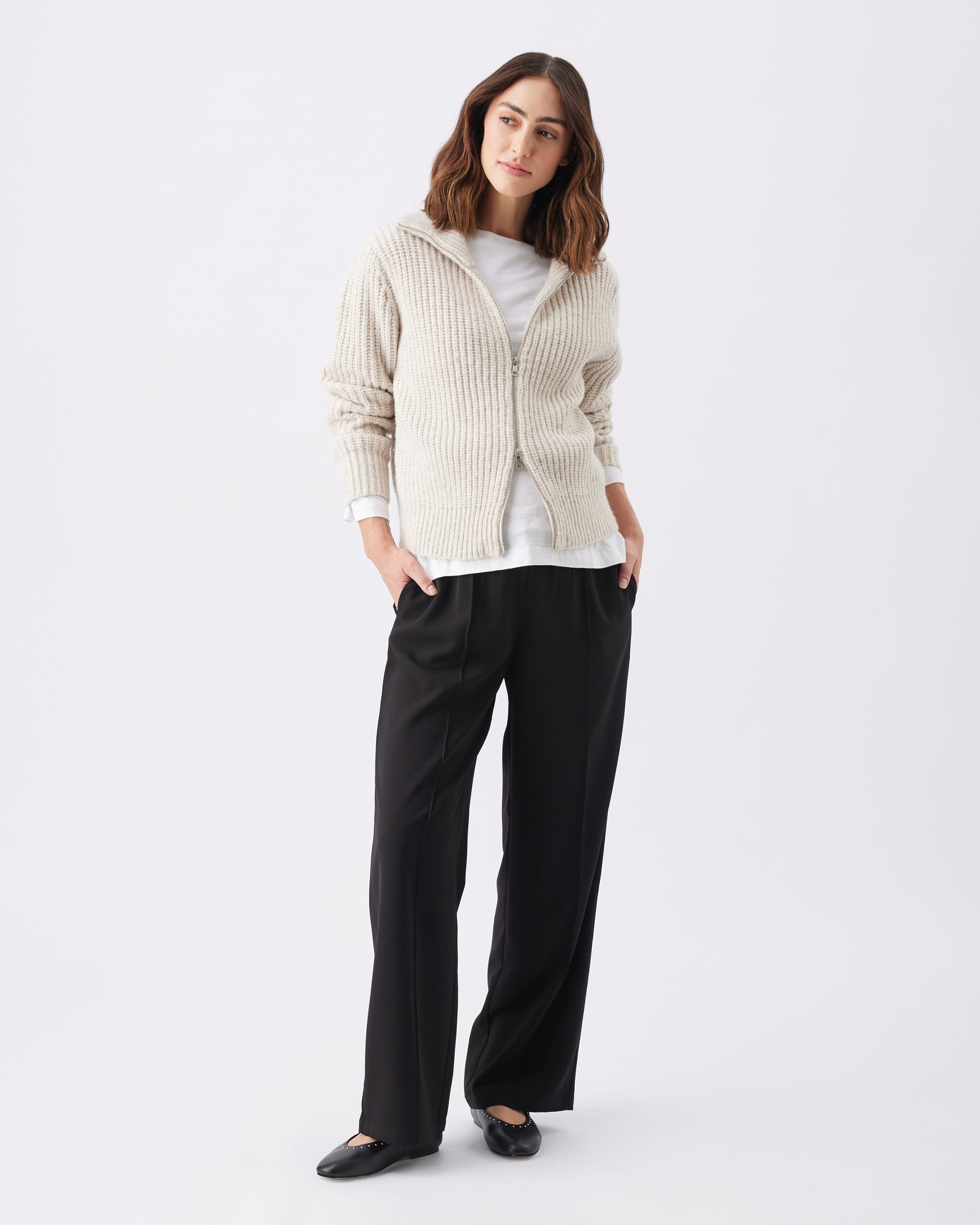 Layla Zip Through Knit Oat Marle