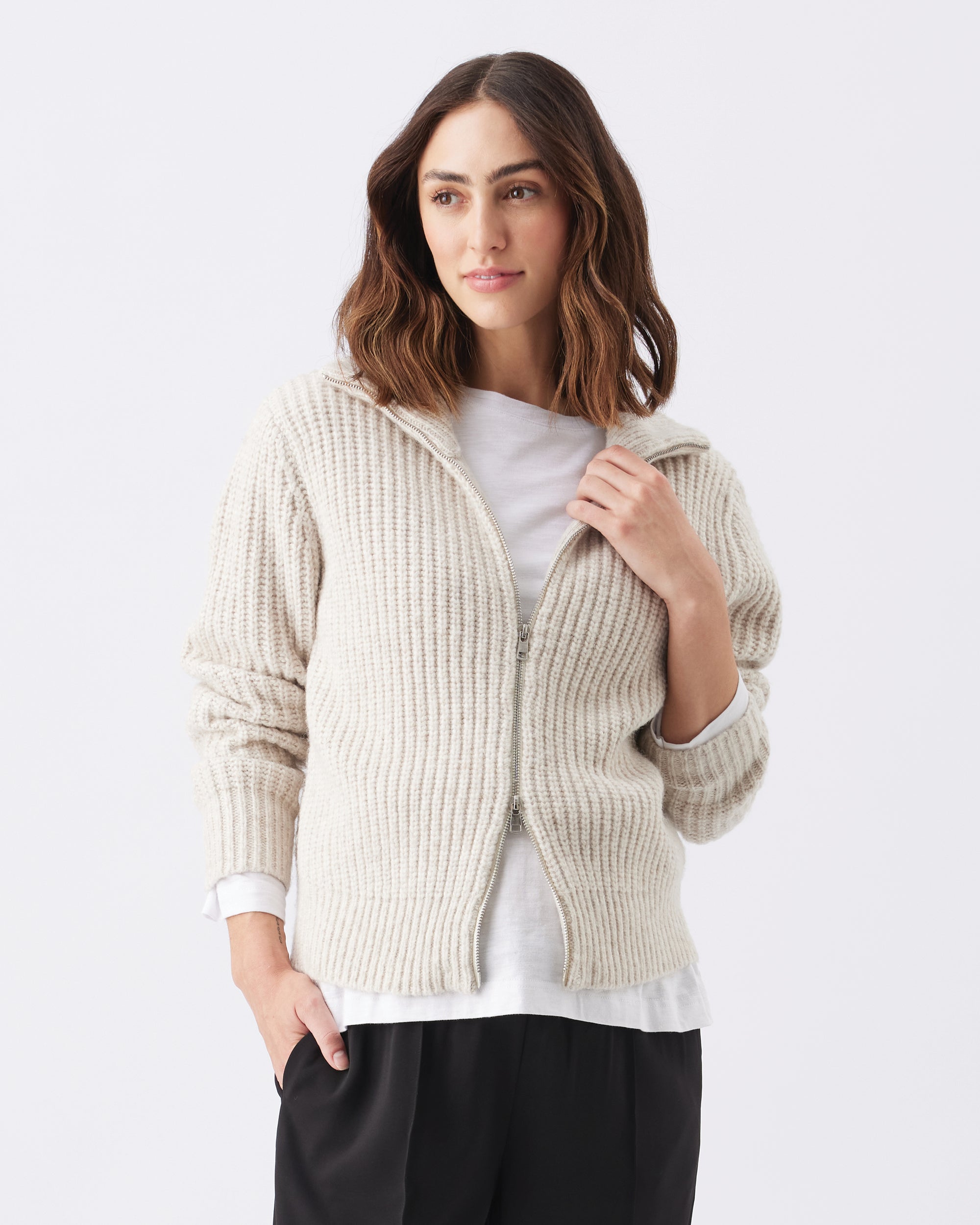 Layla Zip Through Knit Oat Marle