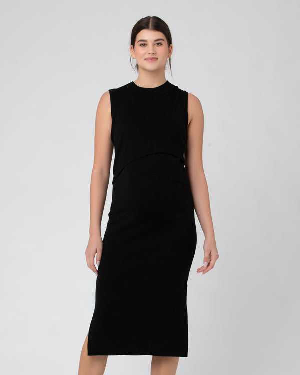Layered Knit Nursing Dress - Black