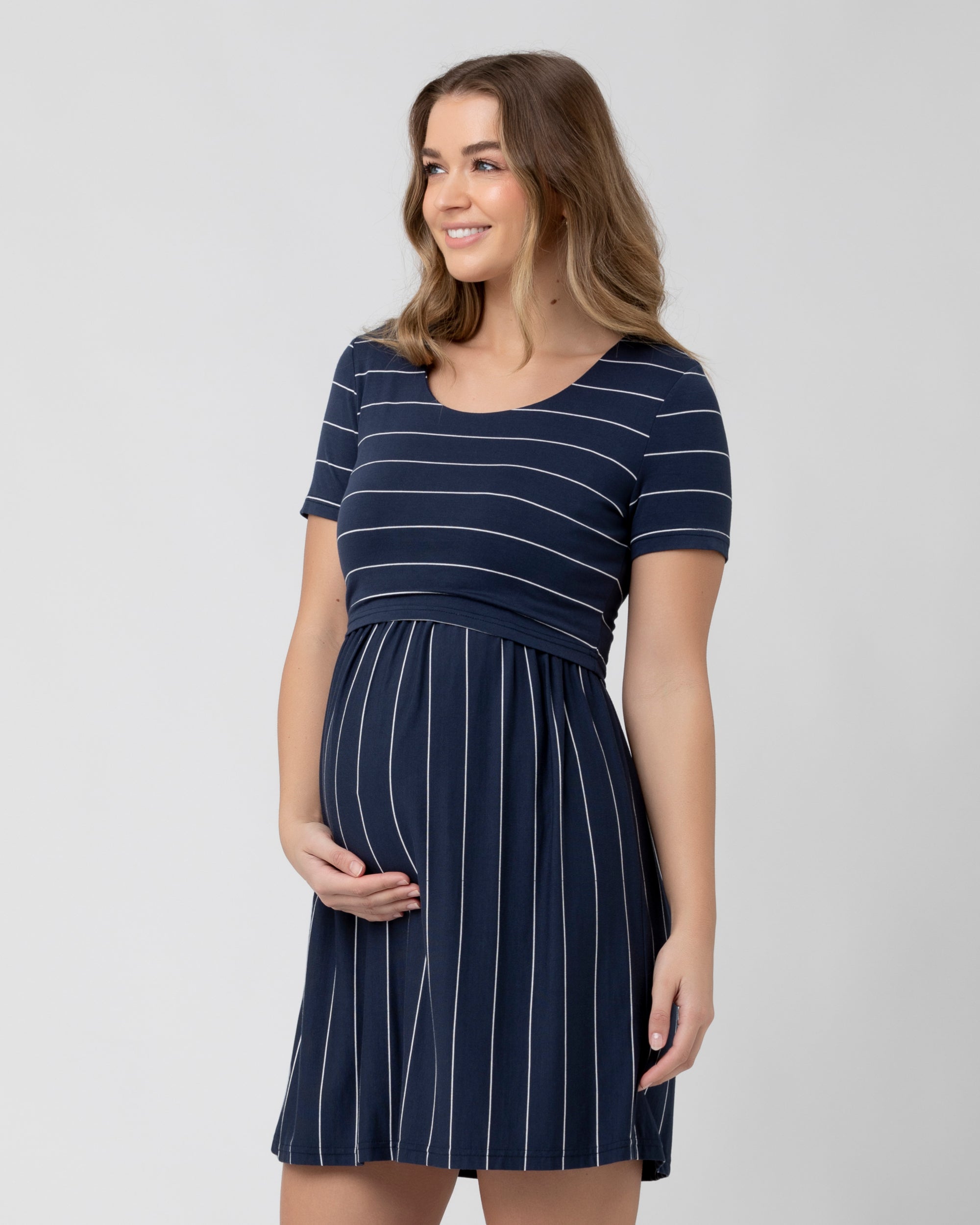 Grey & Navy Cotton Maternity & Nursing Dress