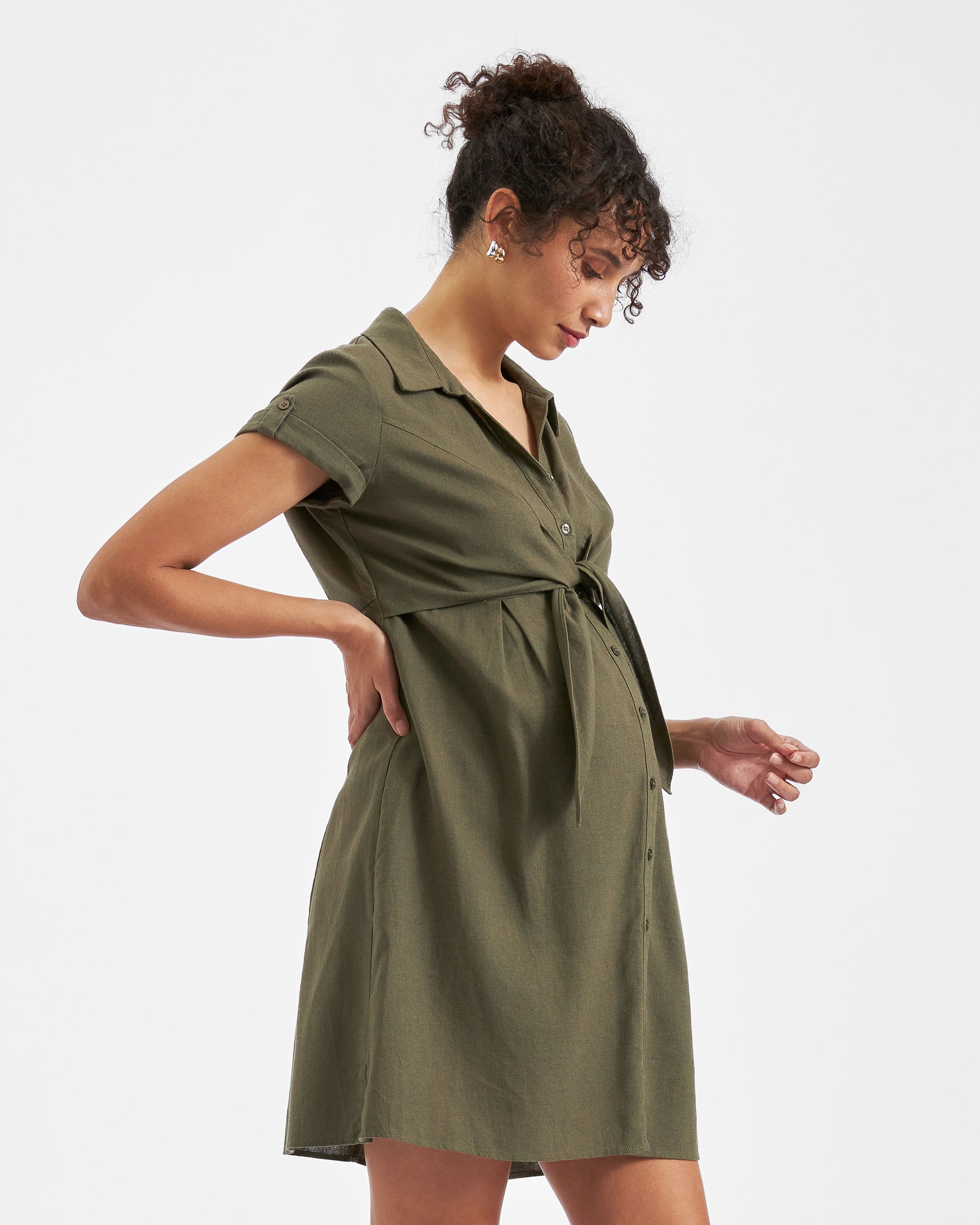 Colette Tie Up Linen Dress Olive