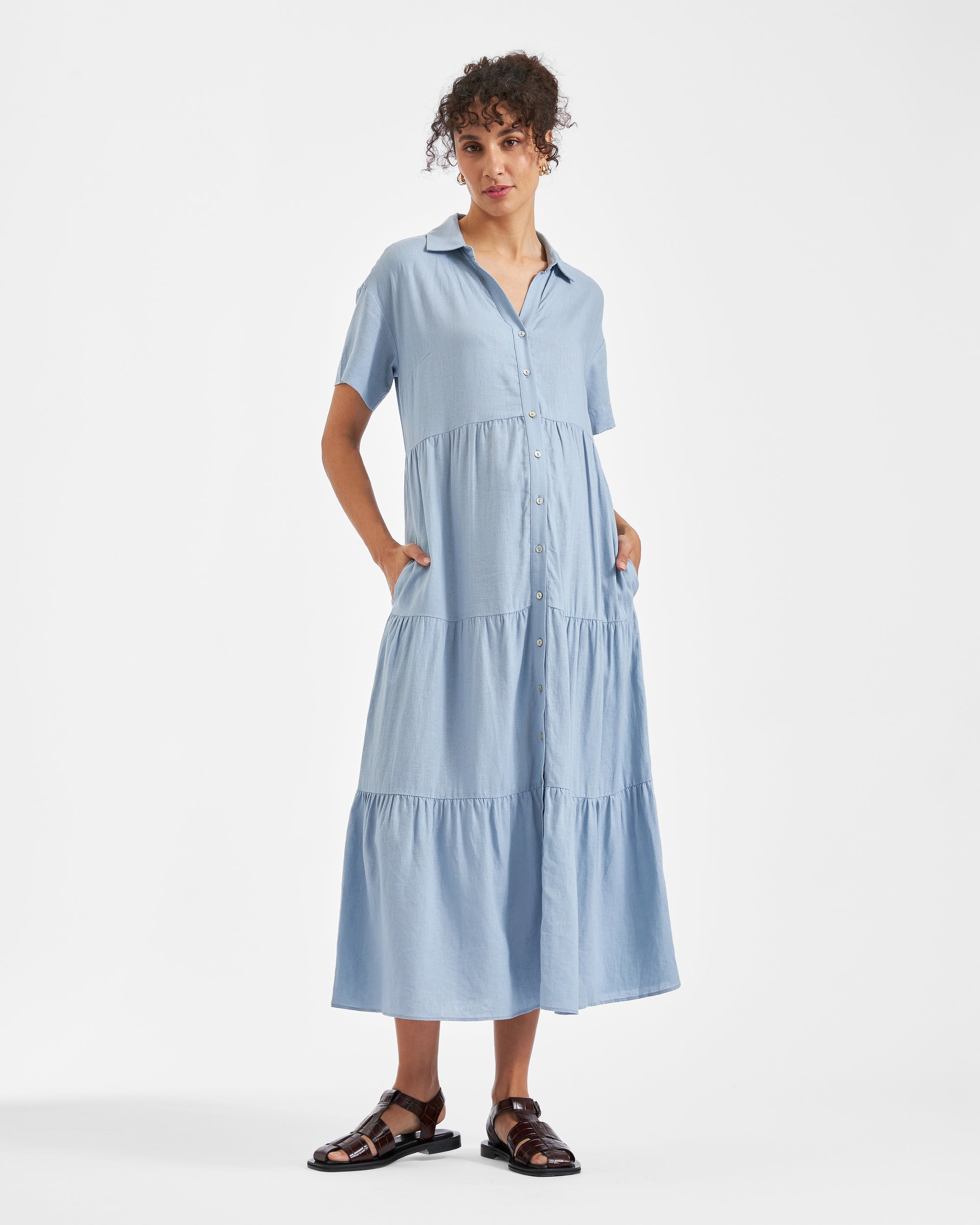 Macy Longline Linen Dress Pale Blue