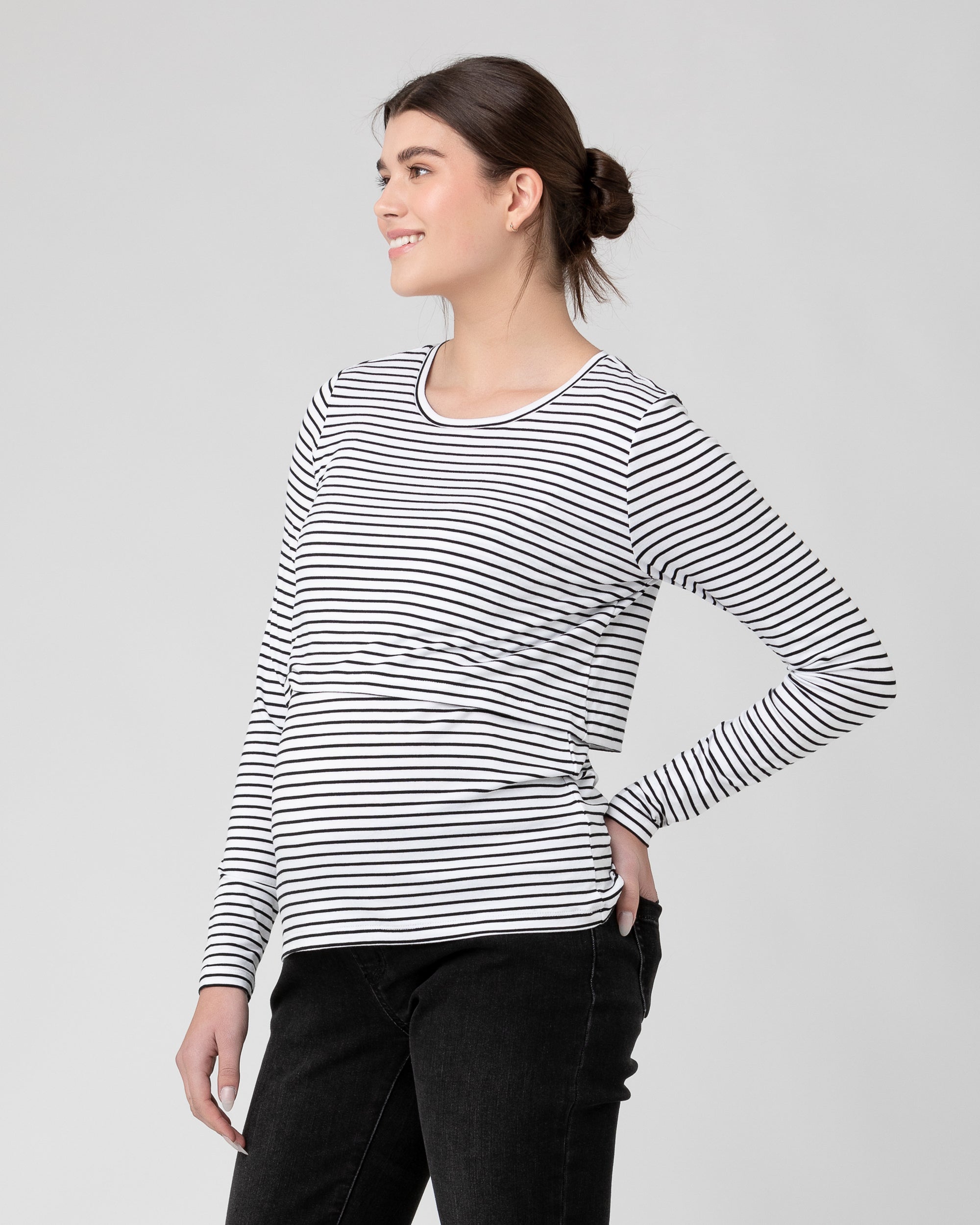 Stripe Layered Nursing Top White Black