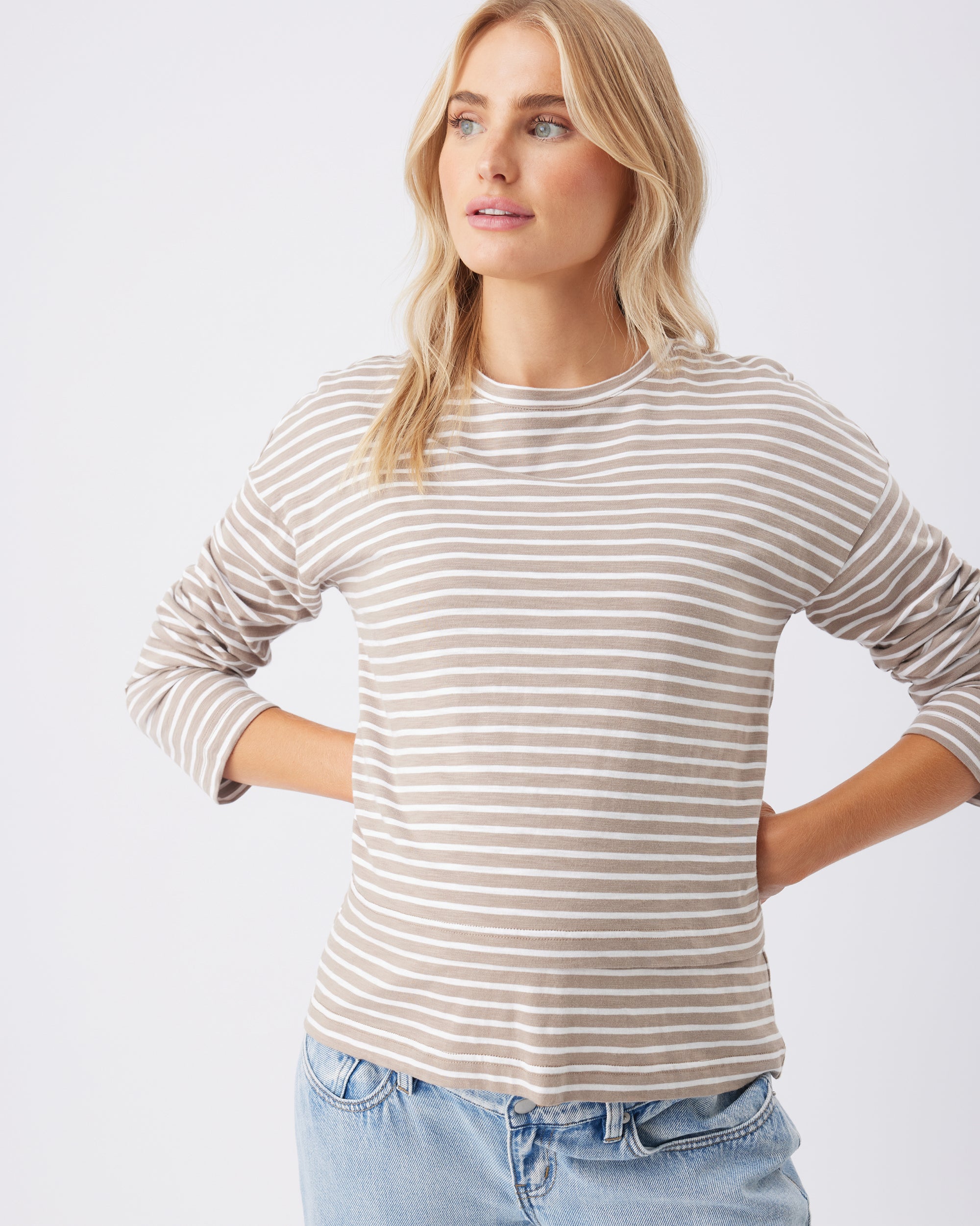 Claudette Long Sleeve Nursing Top Taupe / White