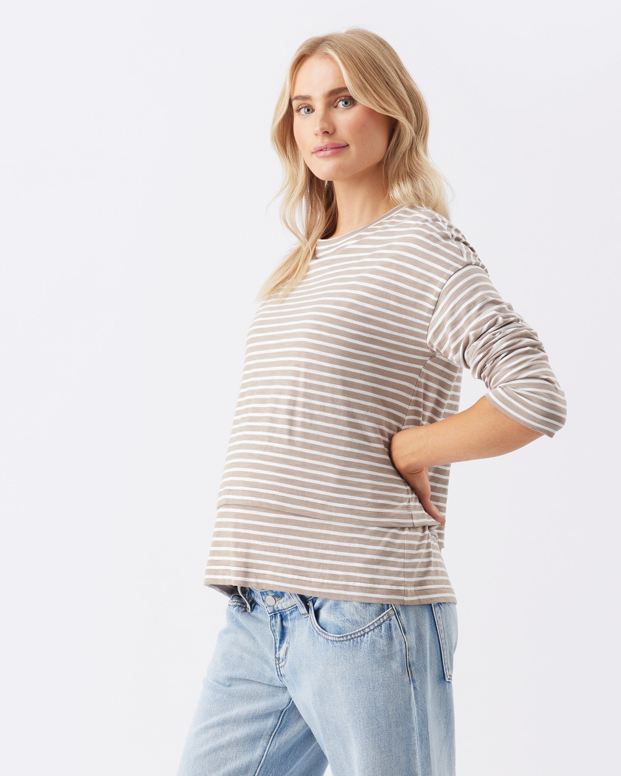 Claudette Long Sleeve Nursing Top Taupe / White